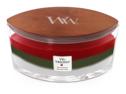 Svíčka oválná váza WoodWick TRILOGY 454g - Zimní girlanda