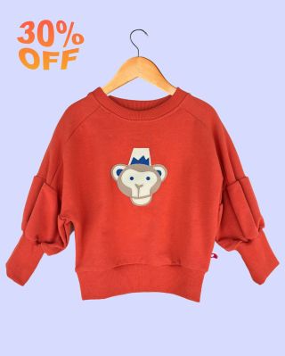 Celkom posledná mikinka s puf rukávom v tehlovo oranžovej farbe s opičkou, ktorá píska. Vo veľkosti 86 (ale v pohode...