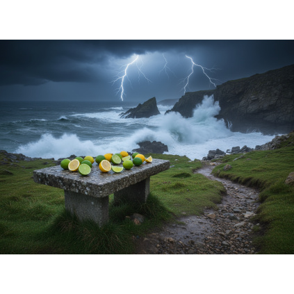 Firefly Gemini Flash moře a útesy s vysokými vlnami, kamený stůl uprostřed fotky, blesky, limetky a citron 49287