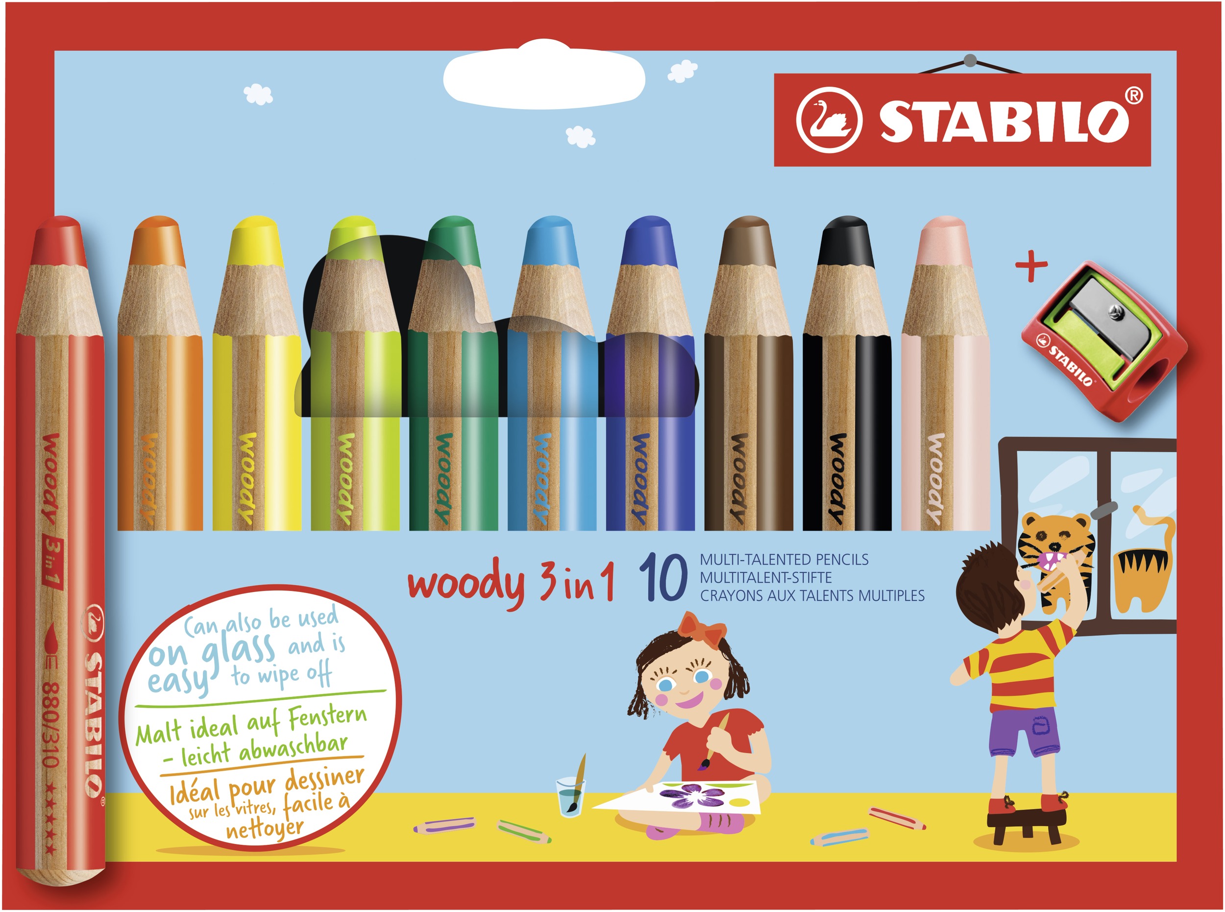 STABILO woody 3 az 1-ben zsírkréta - zsírkréta, ceruza, viaszceruza - 10 db + reszelő