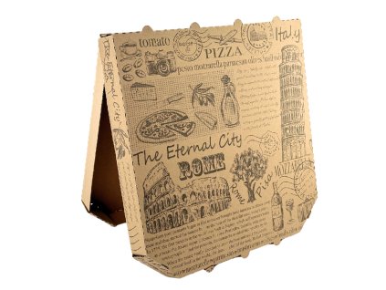 pizza krabice 32x32x3 cm, hnědá, potisk Rome, zkosené hrany (100 ks/balení)