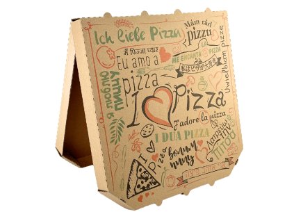 pizza krabice 32x32x3 cm, hnědá, potisk I love pizza, zkosené hrany (100 ks/balení)
