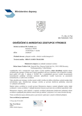 Zástupce výrobce Brian James – certifikát