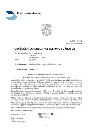 Zástupce výrobce Gromex – certifikát