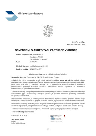 Zástupce výrobce Sogewalot – certifikát