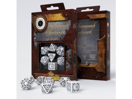 sada 7 kostek steampunk clockwork dice set bila cerna