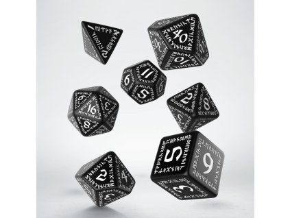sada 7 kostek runic dice set cerna bila