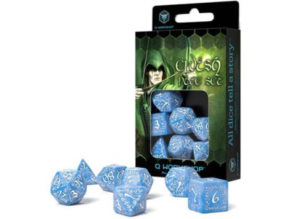 sada 7 kostek elvish dice set modra bila selv09