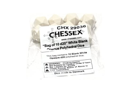 sada 10 kostek d20 prazdna blank bila 29036
