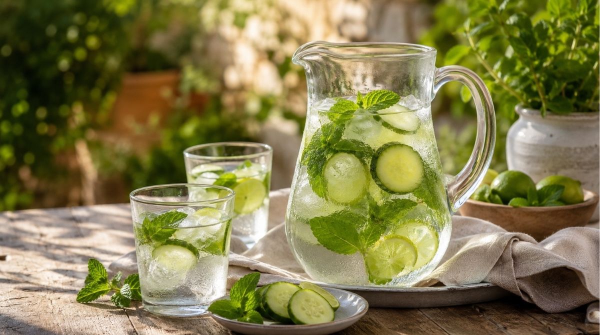 Voda s mátou a okurkou jako letní hydratační rituál
