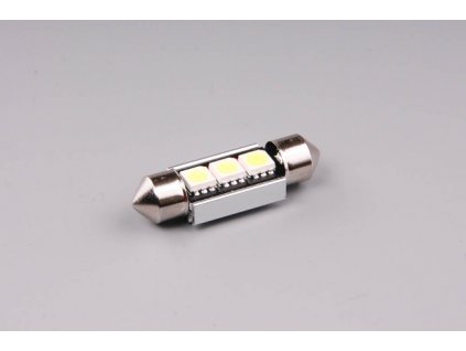 LED s vysokým svetelným tokom a funkciou CANBUS s predĺženou životnosťou  LED žiarovka sa nezahrieva vďaka účinnému chladeniu a chipom s vysokou účinnosťou. To značne predlžuje životnosť.     3 kusy SMD 5050  Napájacie napätie 12V  Spotreba prúdu pri 13,8V: 180mA =2,5W  Nepolarizovaná LED (nezávislá na polarite napájacieho napätia)  Farba svetla: 6000K  Svetelný tok: 200lm  Rozmer: 36x12,5mm     CANBUS=LED je vybavená elektronikou, ktorá eliminuje chybové hlásenia. Táto funkcia zamedzuje hláške, nemusí byť dostupná ve všetkých vozidlách.   LED je určená pre vnútorné osvetlenie vozidla (nie je schválená pre vonkajšie osvetlenie vozidiel).