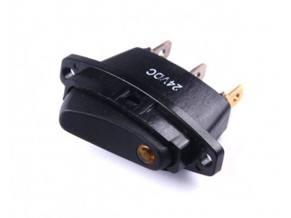 pre napätie 24V max. spínaný prúd: 10A  montážny otvor: 30,5x11mm rozteč otvorov pre skrutky M3: 36mm pripojenie na tri konektory 4,8mm krajné kontakty pre pripojenie + a - pólu, stredný kontakt je spínaný. mínus sa pripája na konektor na strane LED (LED kontrolka je polarizovaná)