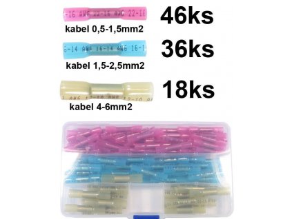 100ks káblových krimpovacích spojok so zmršťovačkou. Obsah sady: 46× červená spojka: AWG 22–18 pre káble 0.5–1.0 mm2 36× modrá spojka: AWG 16–14 pre káble 1.5–2.5 mm 18× žltá spojka: AWG12–10 pre káble 4–6 mm2