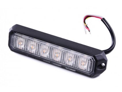 LED výstražné svetlo pre napetie 12V-24V Osadení: 6x3W LED 13 svetelných možností Polykarbonátový nerozbitný kryt, hliníkové telo Krytí: IP67 Rozsah pracovných teplôt: -30C až +50C Rozmer šírka x hlbka x výška: 128 x 28x 19mm Upevnenie na dva montážne otvory Homologace: R10 a R65  Zapojenie: červený vodič...plus čierny vodič...mínus žltý vodič...prepínanie možností (spojením s červeným vodičom po dobu jednej sekundy) šedý vodič...synchronizácia viac svetiel (propojením s šedými vodičmi ostatných svetiel)