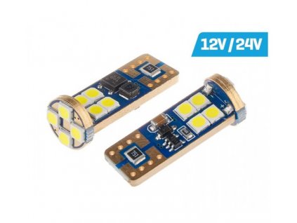 POPIS VÝROBKU: Svetelným zdrojom je 12x 3030 SMD LED. Farba svetla biela (6500K).  Napätie je 12V / 24V. Vyžarovací uhel: 180°. LED žiarovky sú určené do obrysových svetiel, bočných smerových svetiel, osvetlenie ŠPZ, osvetlenie interiéru.  Dodatočně sú vybavené modulom CANBUS. CANBUS=LED je vybavená elektronikou, ktorá eliminuje chybové hlásenia. Táto funkcia zamedzuje hláške, ale nemusí byť dostupná vo všetkých vozidlách. Balení obsahuje 2 ks. Tento výrobok nie je určený pre vonkajšie osvetlenie vozidiel na pozemných komunikáciách.