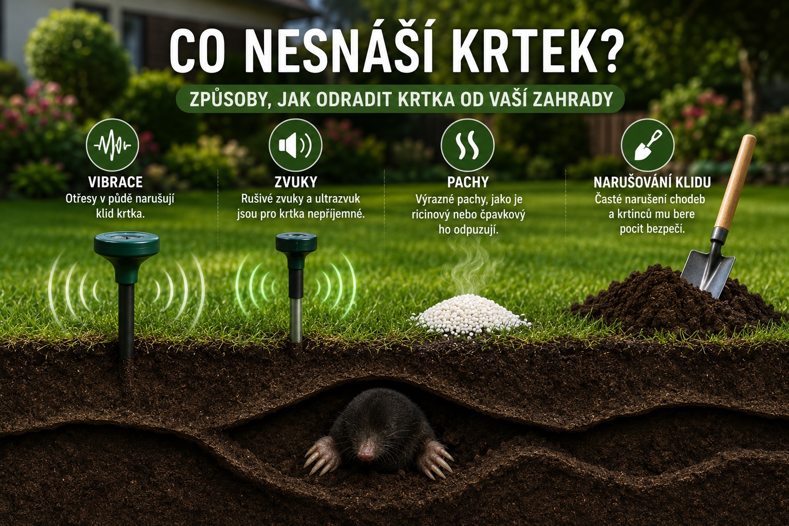 Co nesnáší krtek? Přehled pachů, zvuků a metod, které fungují