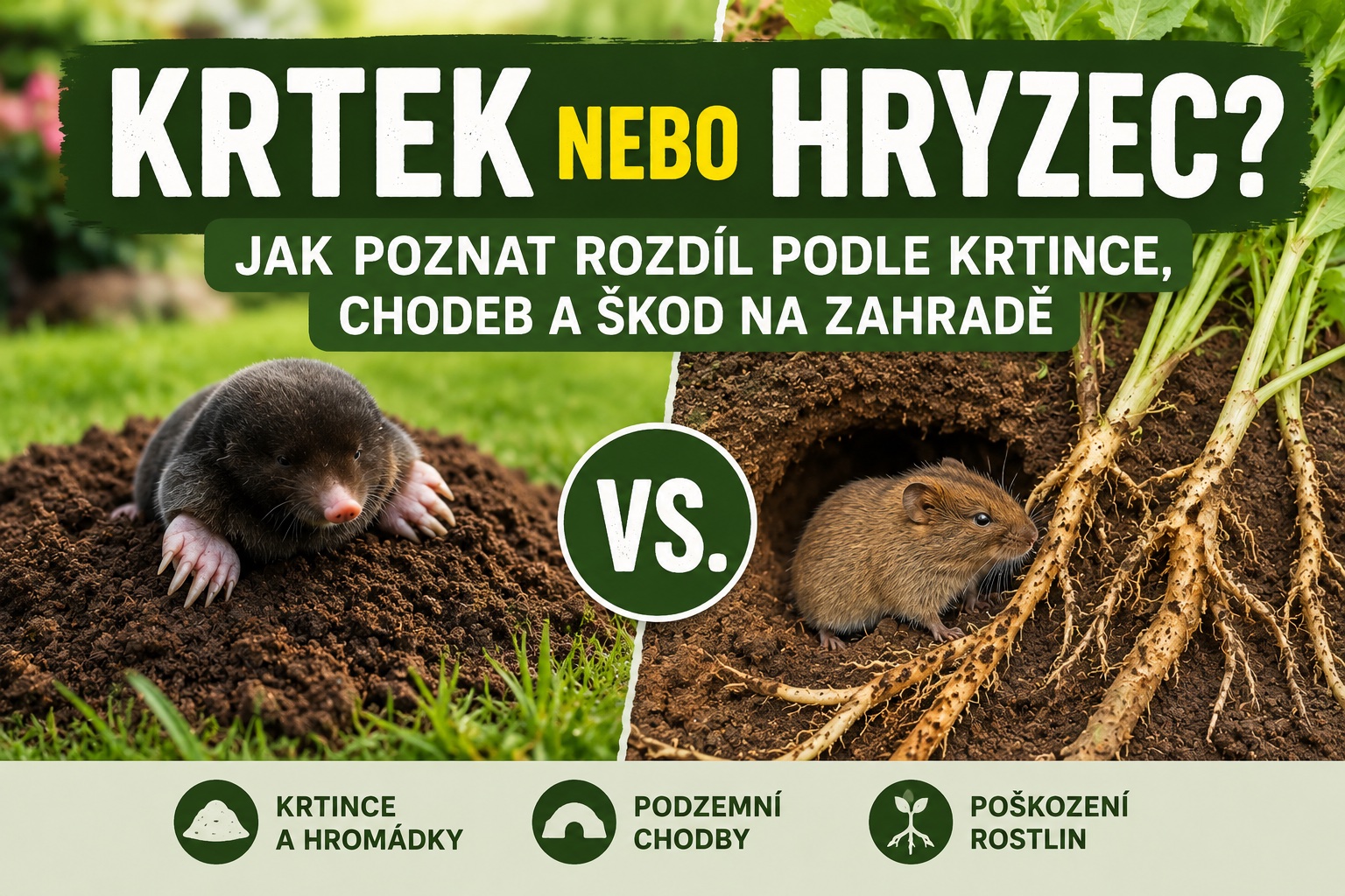Krtek nebo hryzec? Jak poznat rozdíl podle krtince, chodeb a škod na zahradě