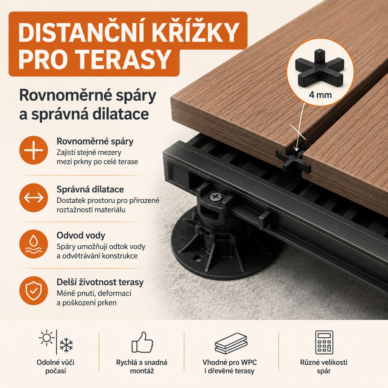 Distanční křížky pro terasy — rovnoměrné spáry a správná dilatace