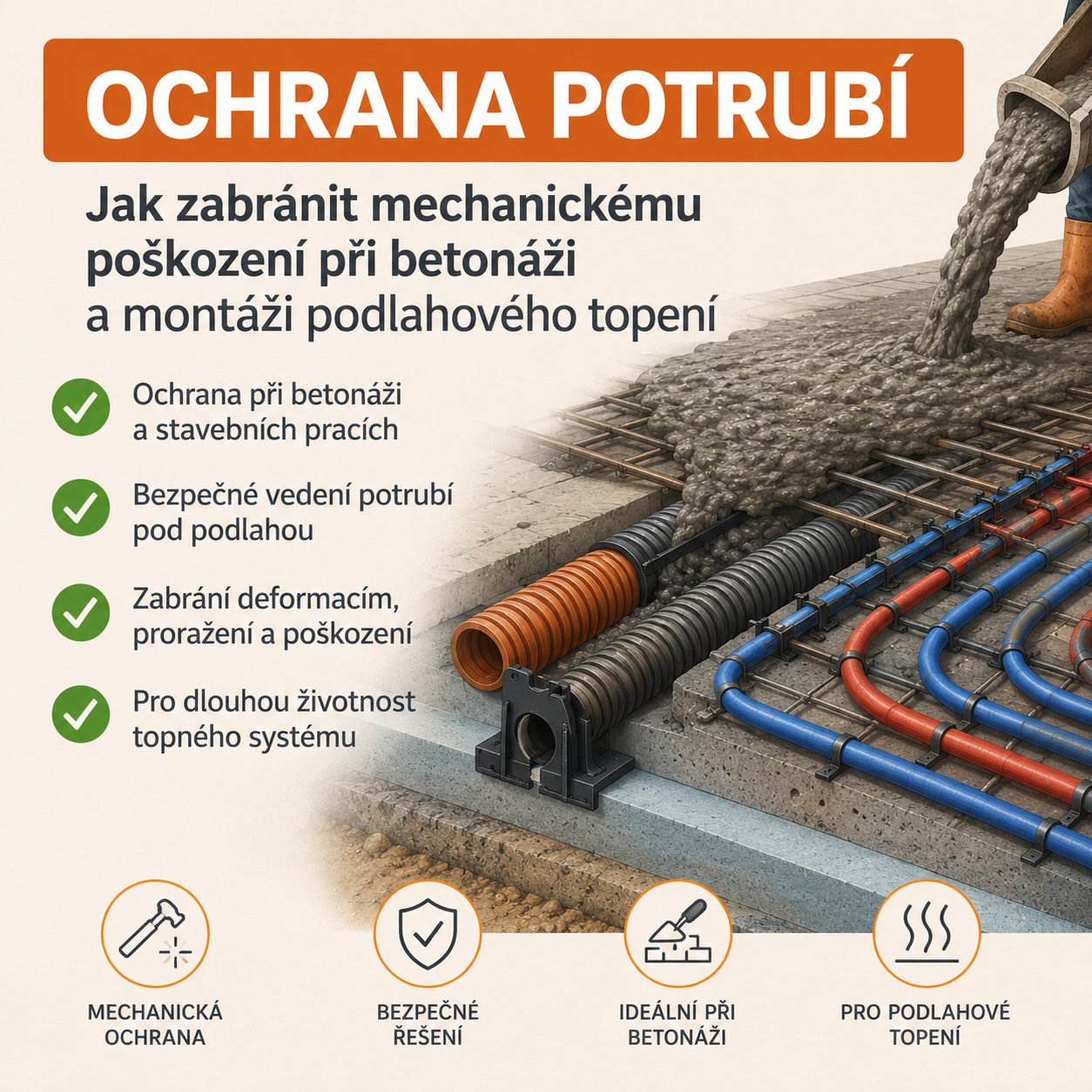 Ochrana potrubí – jak zabránit mechanickému poškození při betonáži a montáži podlahového topení