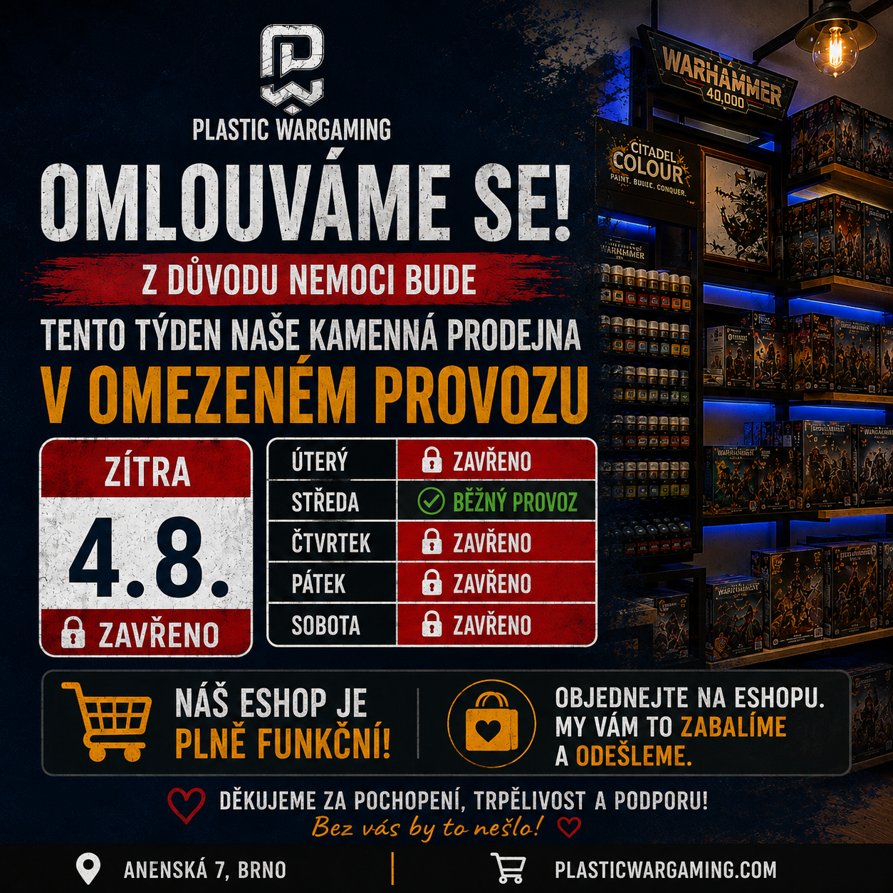 Omezený provoz kamenné prodejny PlasticWargaming