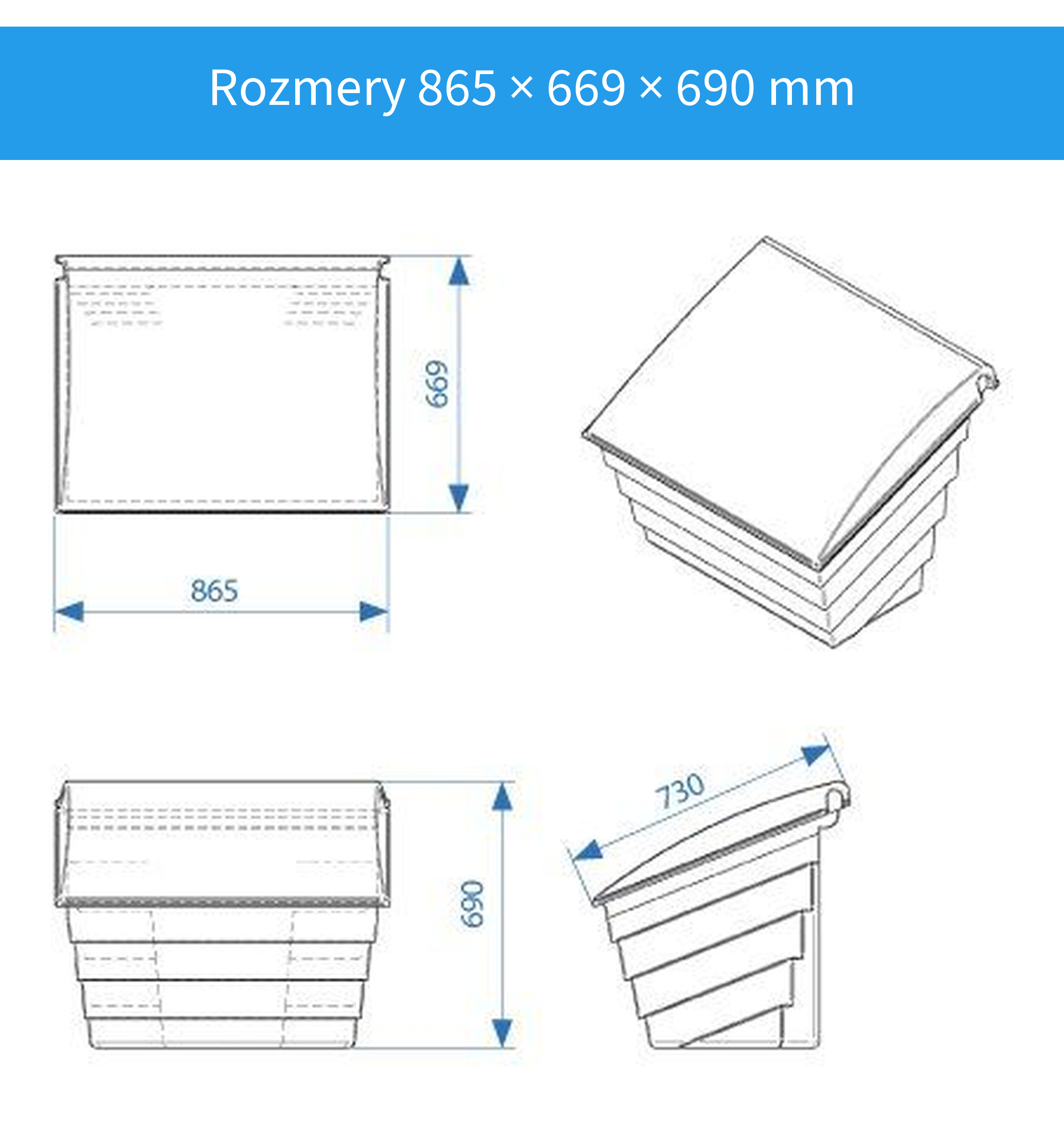 Rozmery nádoby 865 × 669 × 690 mm