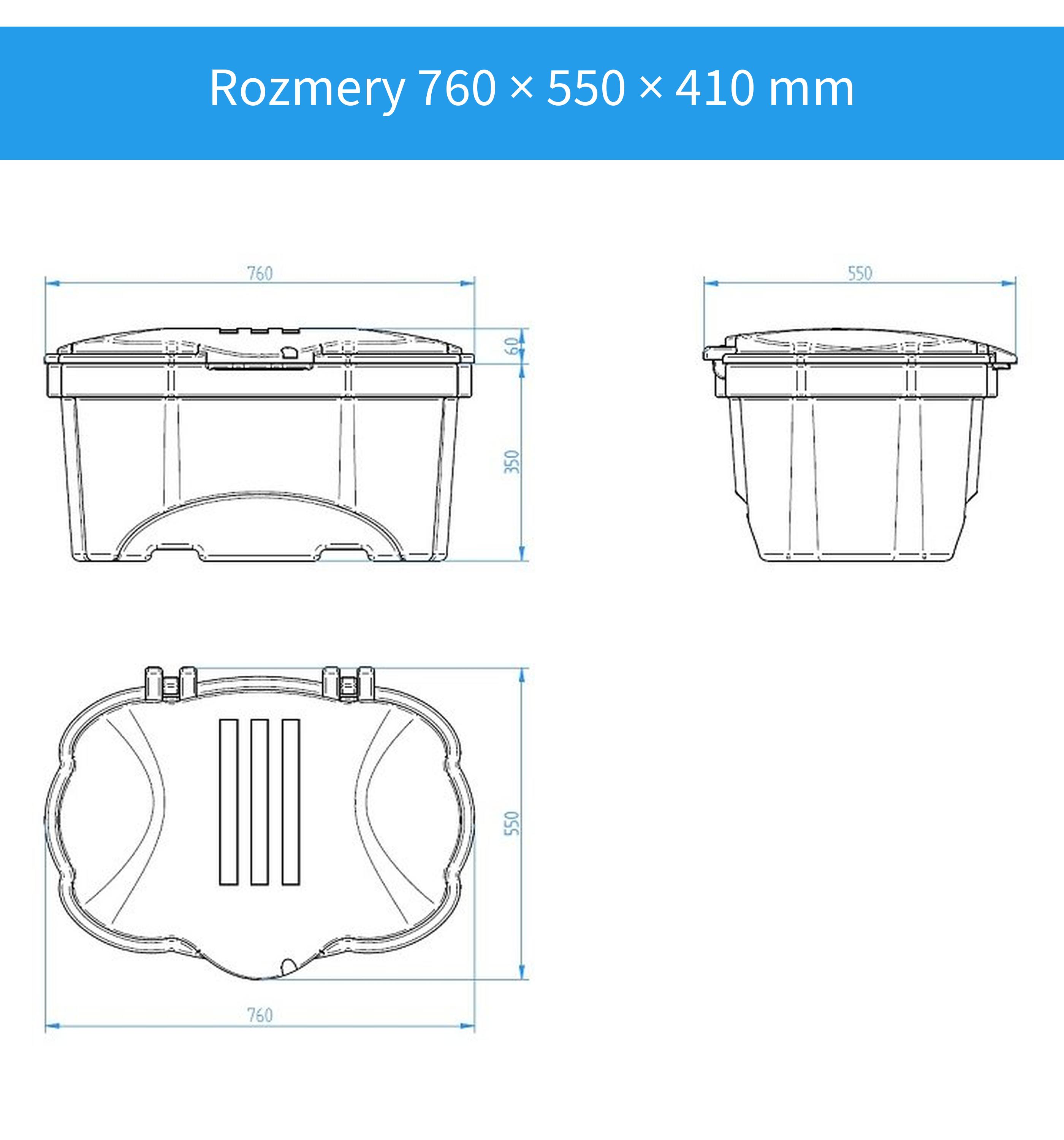 Rozmery oválnej nádoby 760 × 550 × 410 mm