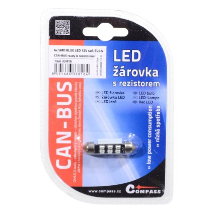Žiarovka 6 SMD LED 12V suf. SV8.5 38mm s rezistorom CAN-BUS modrá