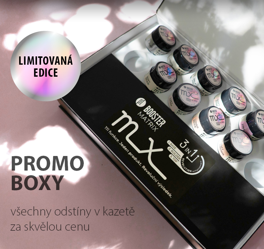Platinum stavební gely Promo boxy se vzorky všech odstínů v kazetě, BOOSTER SOFT GEL, BOOSTER MATRIX, PLATINUM IQ RUBBER, PLATINUM ORIGINAL