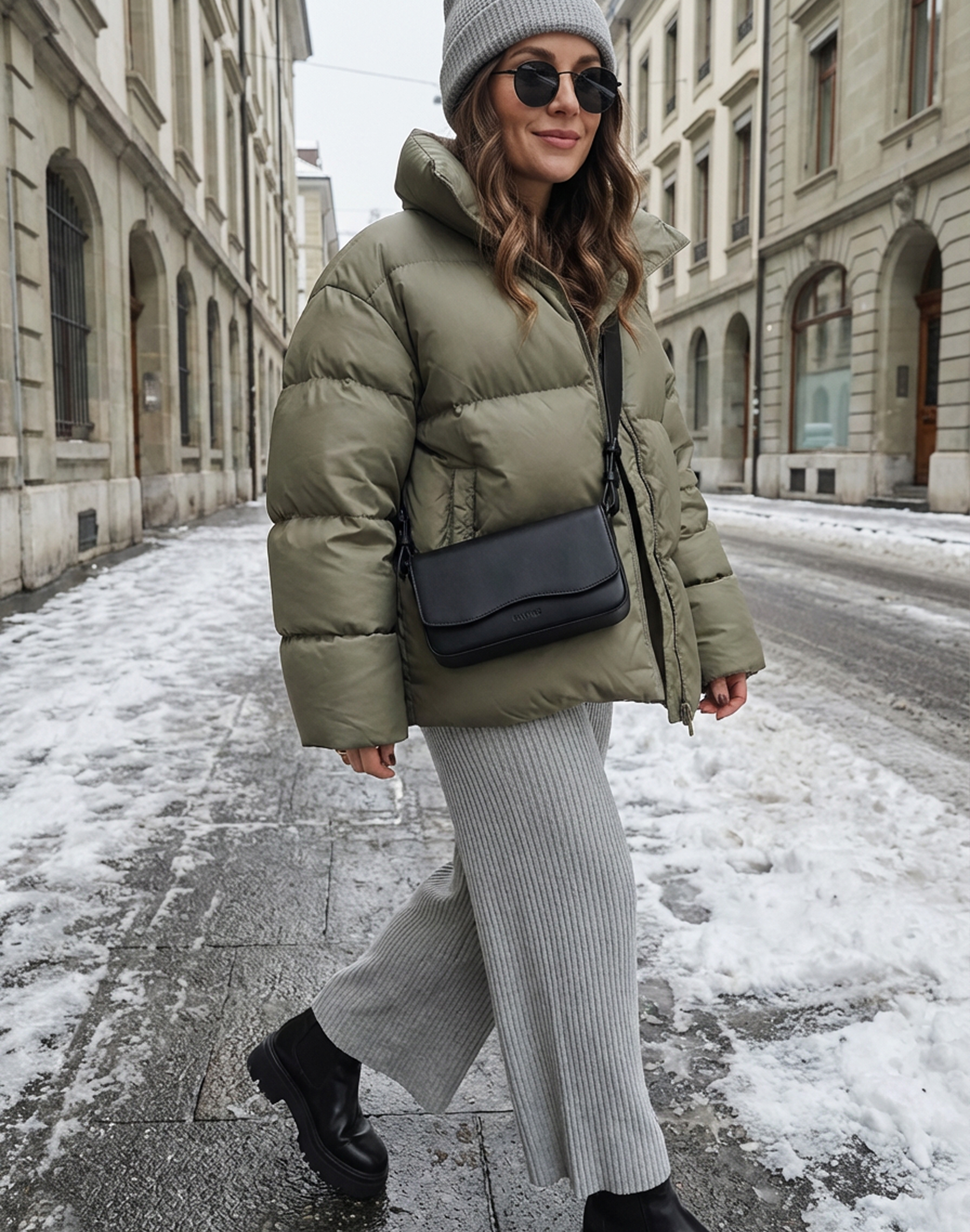 Žena s kabelkou Nori Black smooth ve městě