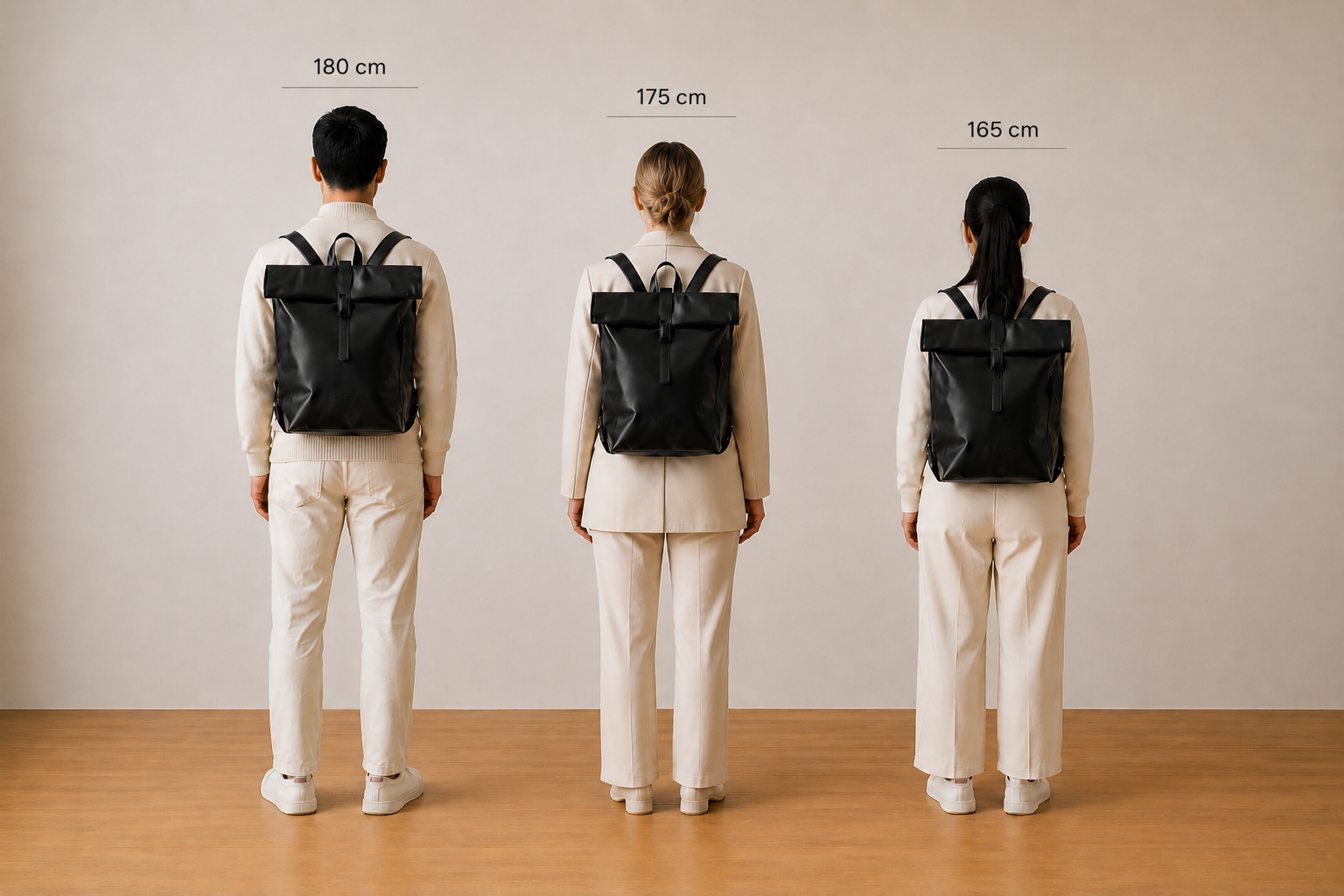 Delfin backpack on the back – three people 165, 175, and 180 cm tall