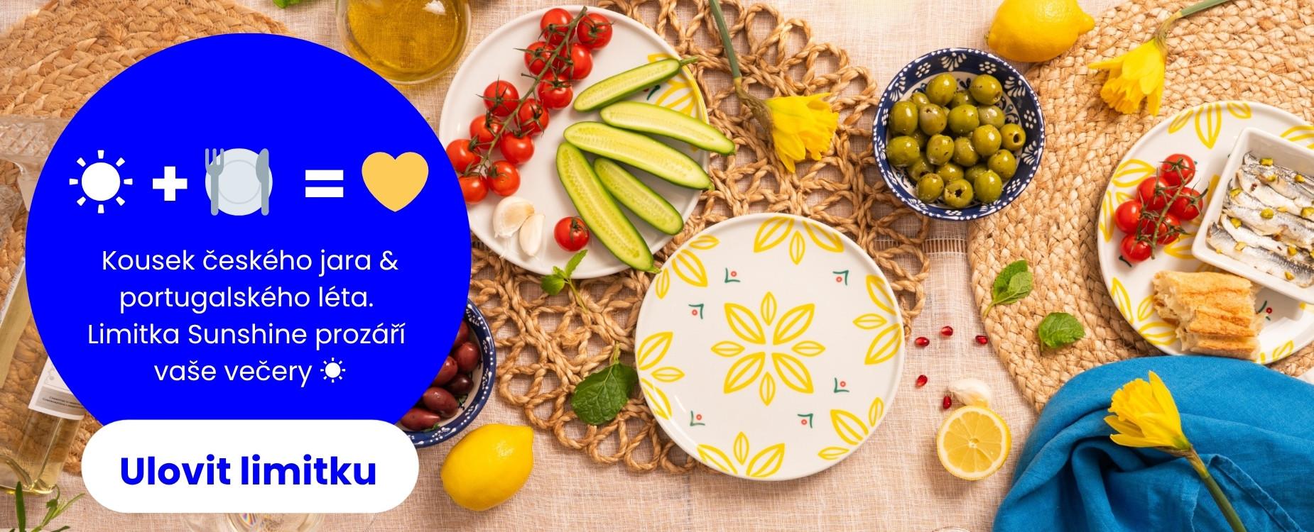 Kolekce Sunshine od PLAYT přináší designový český porcelán inspirovaný jarem a portugalským létem. Prostřený stůl s talíři, středomořskými specialitami a svěžími letními barvami.