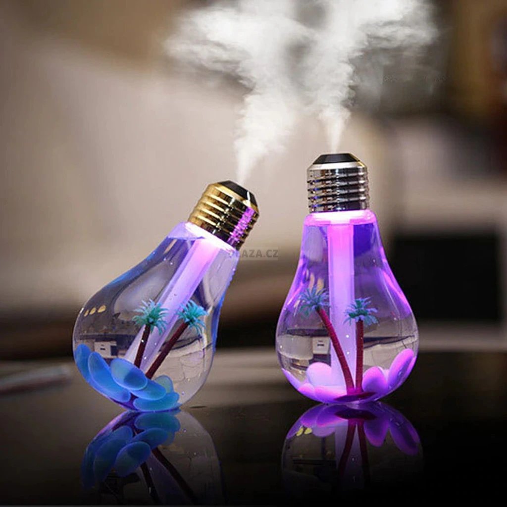Zvlhčovač vzduchu aroma difuzér s LED světlem ve tvaru žárovky