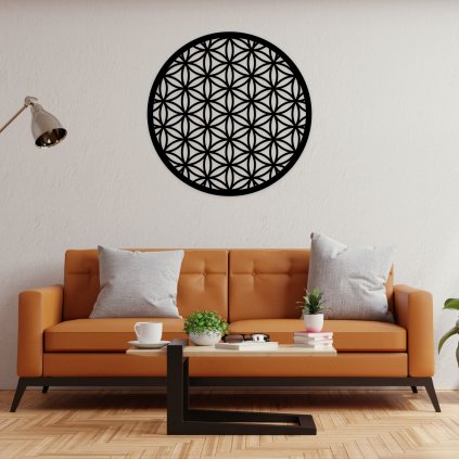 Květ života - kovová dekorace na zeď, 50x50cm, černá, obývací pokoj, nad pohovkou