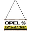 Plechová ceduľa závesná - Opel (Parts and service) 10x20cm