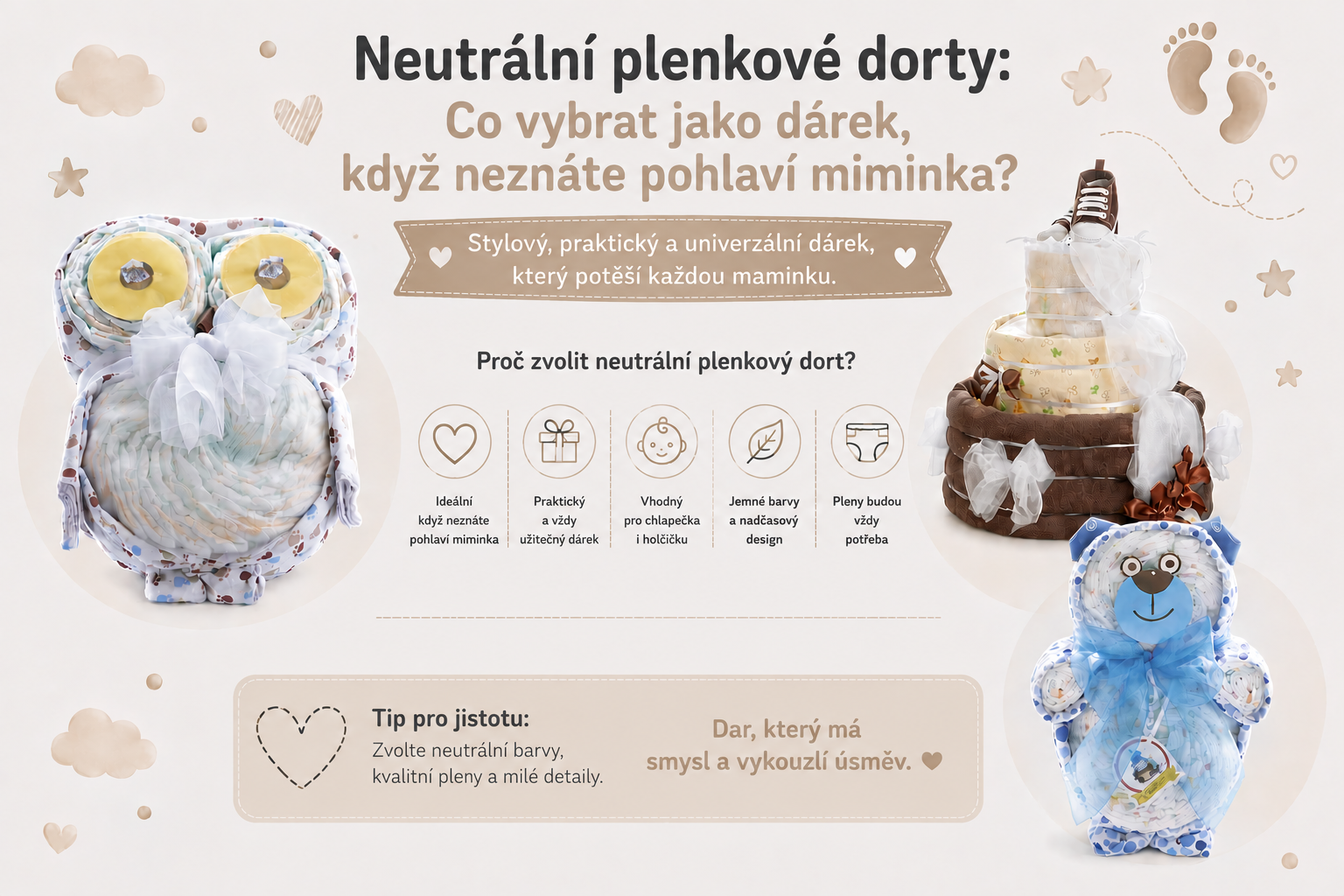 Neutrální plenkové dorty: Co vybrat jako dárek, když neznáte pohlaví miminka?