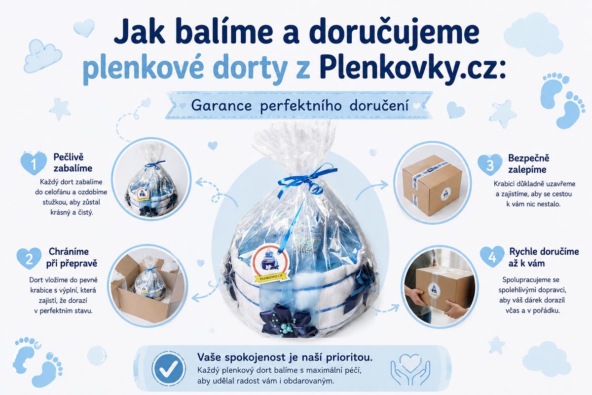 Balení plenkového dortu do celofánu – pečlivé zabalení před odesláním od Plenkovky.cz