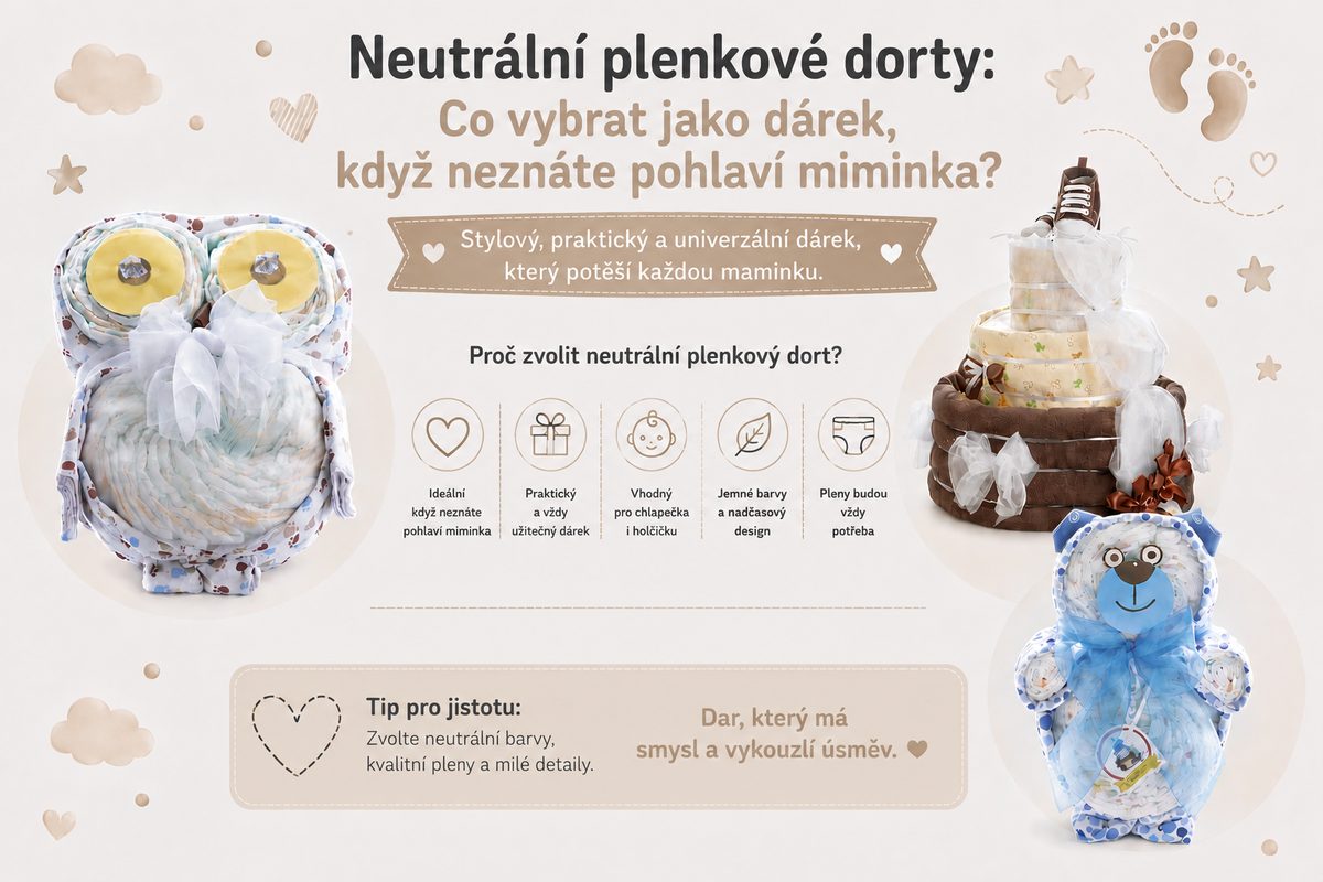 Neutrální plenkový dort – sova, čokoládový dort a medvídek z plen od Plenkovky.cz