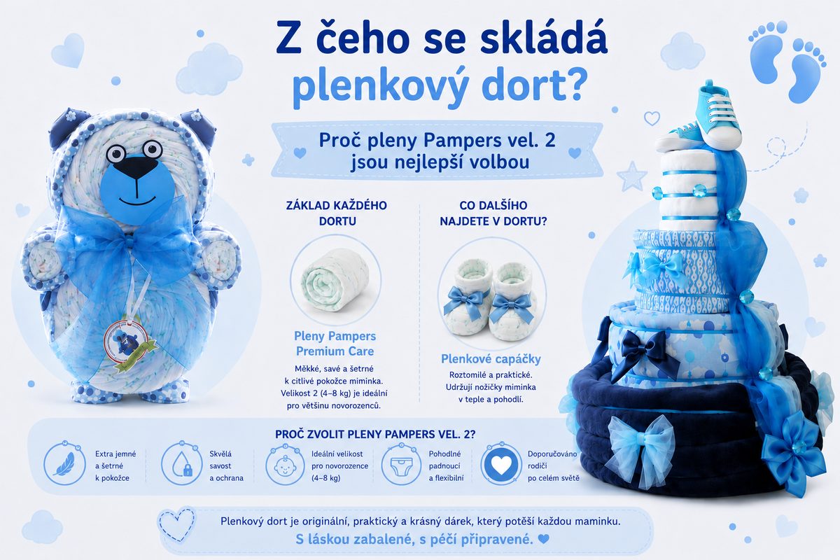 Z čeho se skládá plenkový dort – pleny Pampers, bavlněná osuška a celofánové balení od Plenkovky.cz