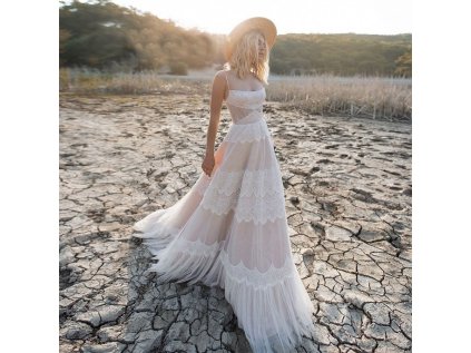 Spaghetti Straps A line Destination Nude Champagn Bridal Dress Lace Up Back Cut Out Side Bridal