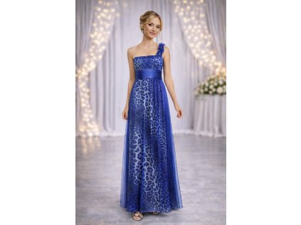safírové tmavě modré společenské šaty tygrované na jedno rameno