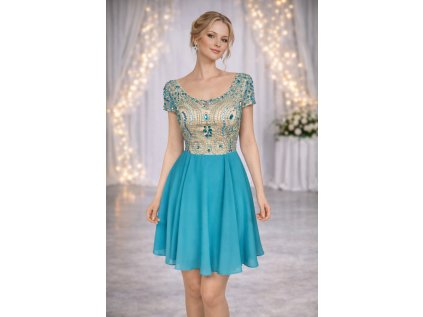 luxusní modré krátké společenské šaty s rukávky