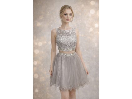 krátké šedivé společenské šaty dvoudílné Tina