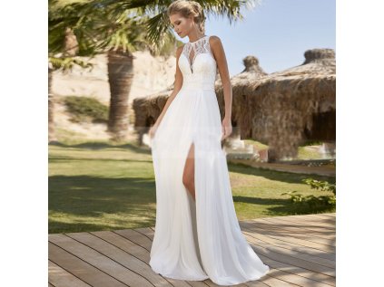 Elegant Chiffon Boho Beach O Neck Wedding Dress Sleeveless Side Slit Backless Lace Appliques Bridal Gowns
