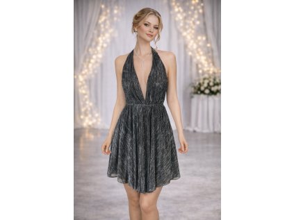stříbrné krátké společenské šaty Monica zepředu