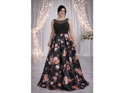 dlouhé plesové černé společenské šaty s květovanou sukní Alyce