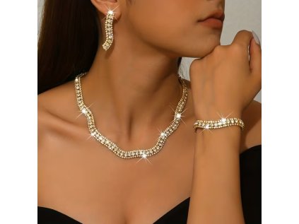 zlatá štrasová souprava Keza náhrdelník, náušnice, náramek na krku