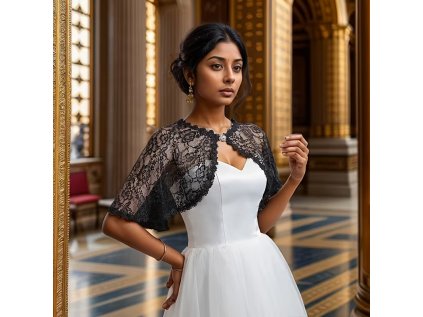 luxusní černé krajkové společenské bolerko modelka