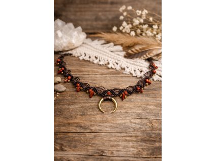 hnědý micro macrame náhrdelník s půlměsícem Luna
