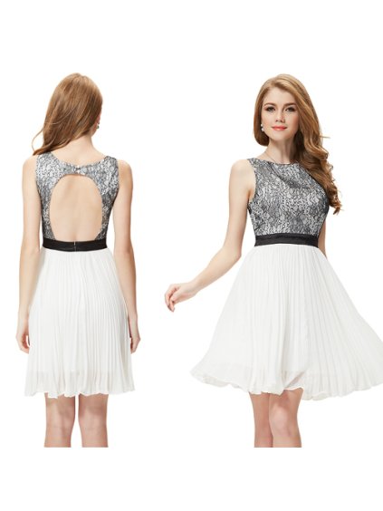 Ever Pretty šifonové šaty krátké bílé s krajkou 3898 (* Velikost L / 40 / 10 / 12)