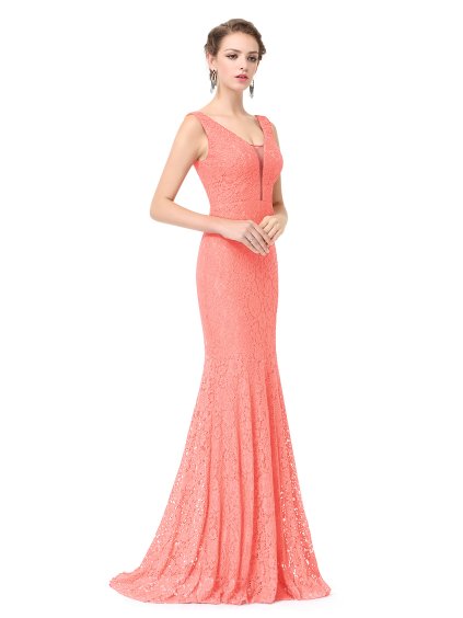 Plesové šaty společenské meruňková s krajkou 8838 (* Velikost L / 40 / 08 / 12)